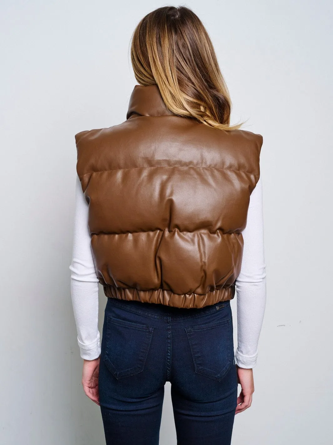 WOMEN'S SLEEVELESS ZIP UP FRONT POCKETS PU PLEATHER PUFFER VEST