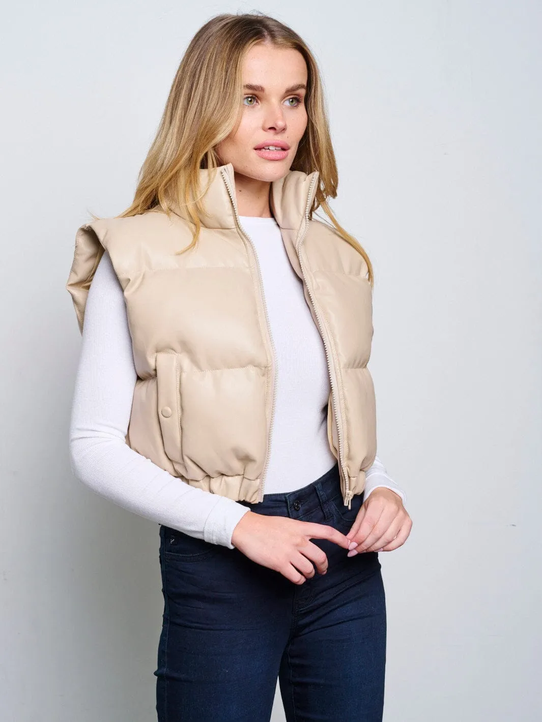 WOMEN'S SLEEVELESS ZIP UP FRONT POCKETS PU PLEATHER PUFFER VEST
