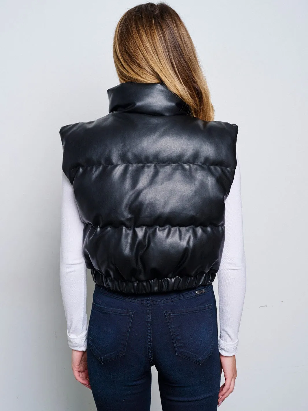 WOMEN'S SLEEVELESS ZIP UP FRONT POCKETS PU PLEATHER PUFFER VEST
