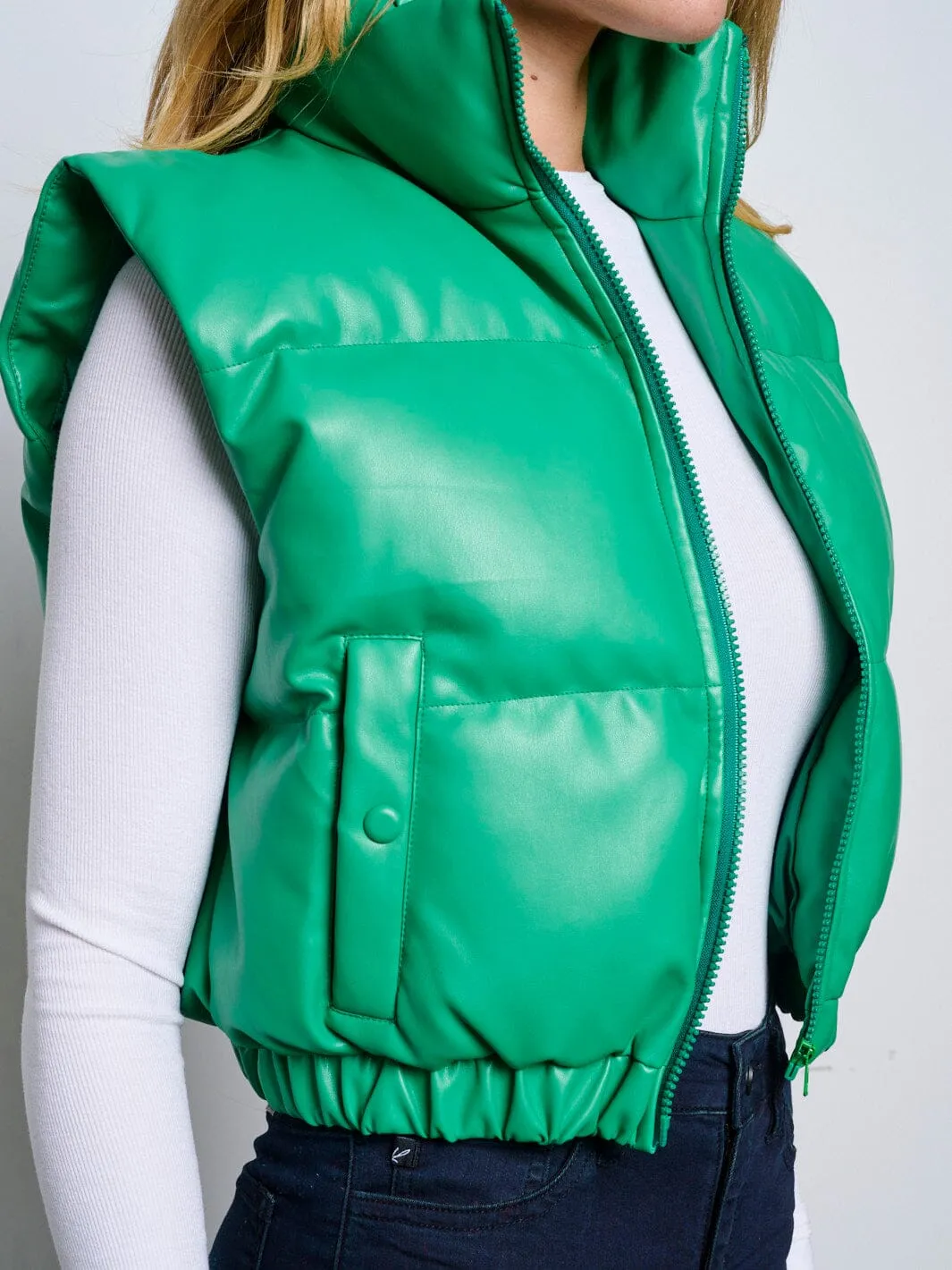 WOMEN'S SLEEVELESS ZIP UP FRONT POCKETS PU PLEATHER PUFFER VEST