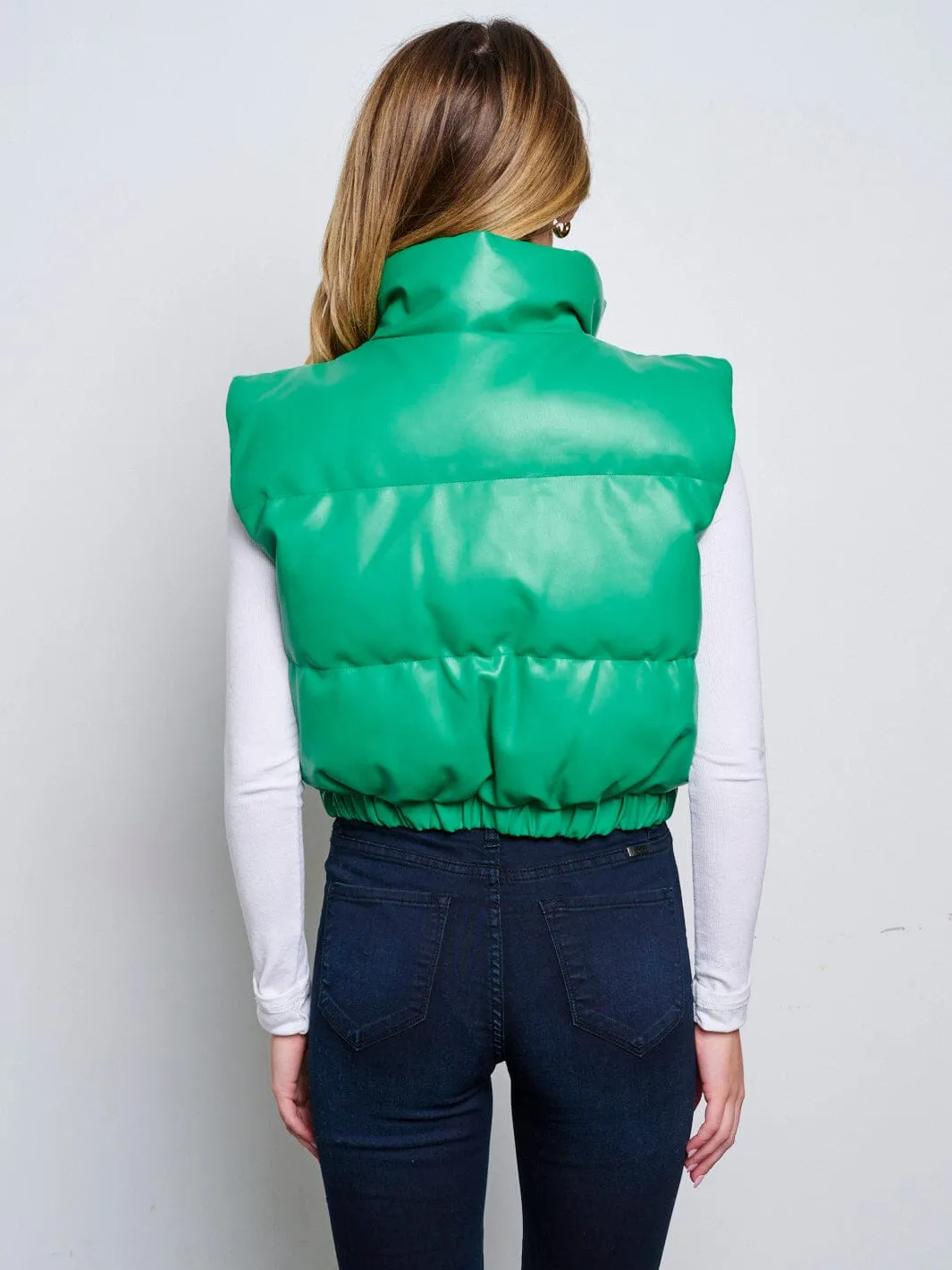 WOMEN'S SLEEVELESS ZIP UP FRONT POCKETS PU PLEATHER PUFFER VEST