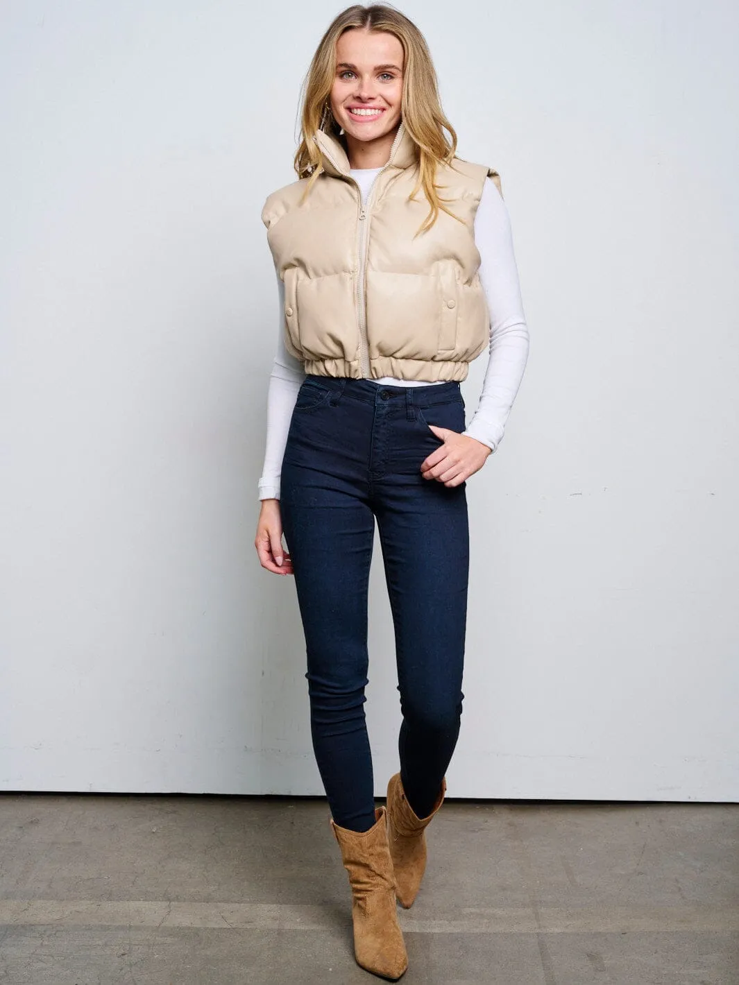 WOMEN'S SLEEVELESS ZIP UP FRONT POCKETS PU PLEATHER PUFFER VEST