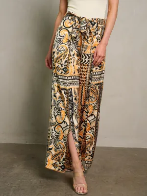 WOMEN'S ZIP UP SELF TIE PALAZZO MULTI PRINT PANTS