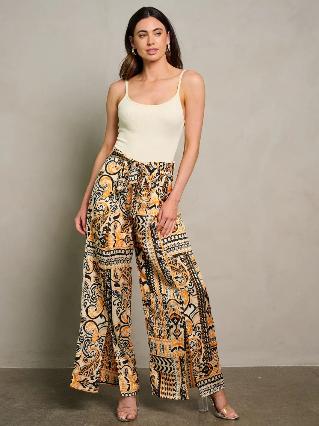 WOMEN'S ZIP UP SELF TIE PALAZZO MULTI PRINT PANTS