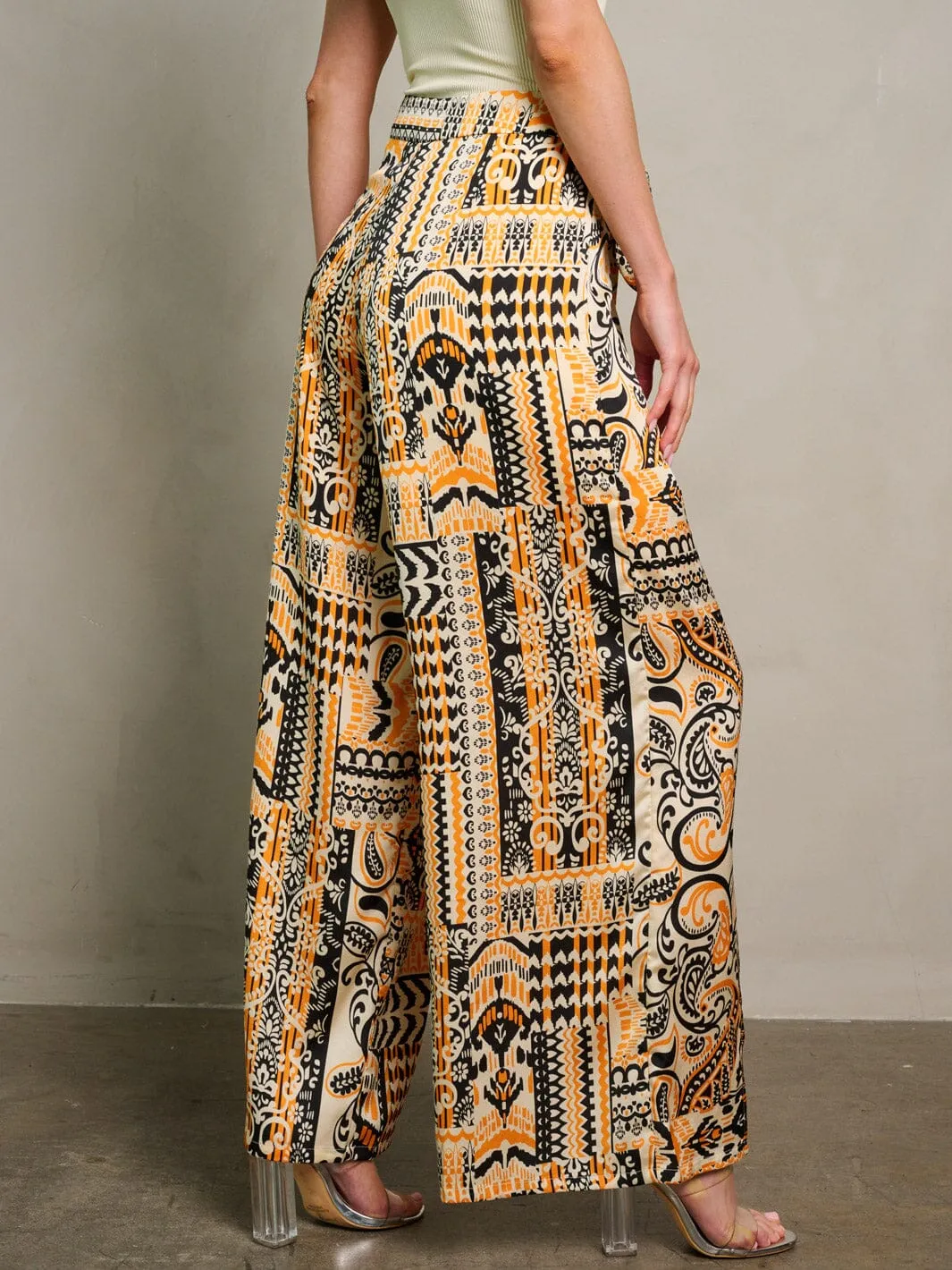 WOMEN'S ZIP UP SELF TIE PALAZZO MULTI PRINT PANTS